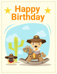 Happy birthday card with little boy and friend, vector, illustration