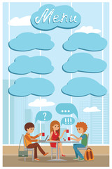 Group of friends in cafe - Vector Illustration with city landscape on window.