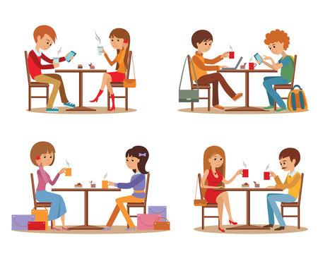 Group of friends In cafe. Young people talking friendly at coffee shop while drinking and using laptop, vector illustration.