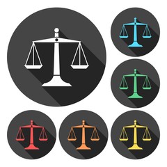 Vector scales of justice icons set with long shadow