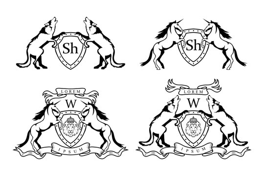 set of  Heraldry Unicorn and wolf logo