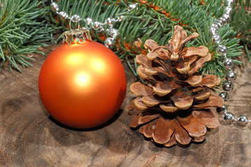 Christmas decoration, Christmas ball, rustic wooden board
