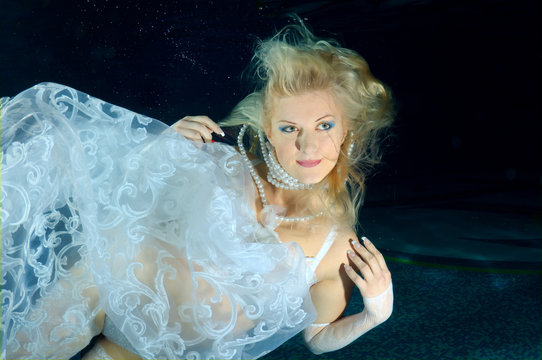 Underwater model presenting fashion in pool