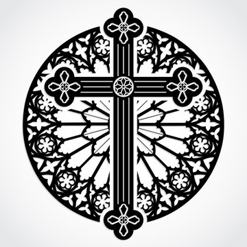 silhouette gothic cross on rose window circle