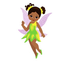 Illustration of a beautiful yellow green fairy in flight Isolated on white background.