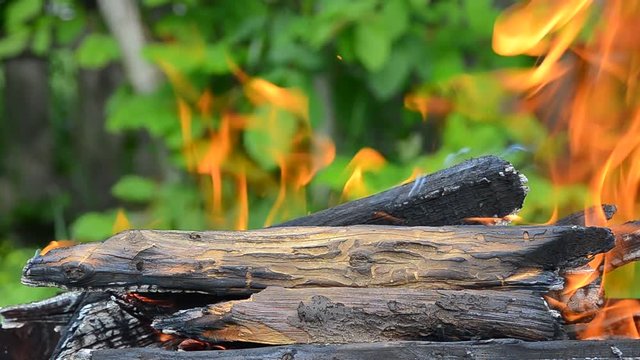 Burning firewood. The flame burns in the grill. Fire closeup.