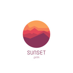 Isolated round sunset vector logo. Mountains silhouette. Minimalistic evening sky.