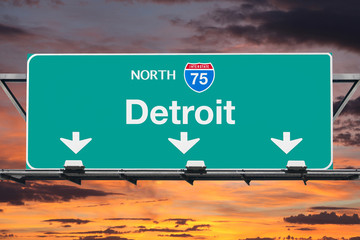 Detroit Interstate 75 North Highway Sign with Sunrise Sky