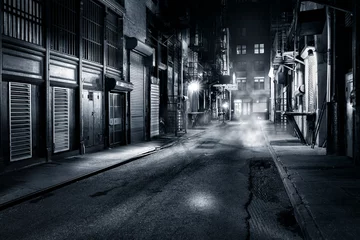 Foto op Plexiglas New York Humeurige zwart-wit weergave van Cortlandt Alley bij nacht, in Chinatown, New York City