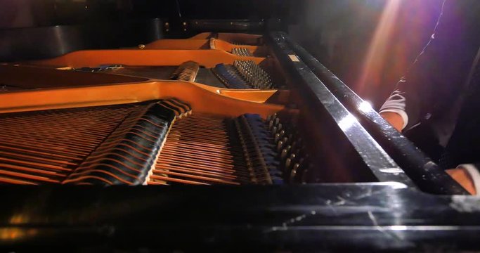 4K Hammers on Strings, Grand Piano Close Up, Dolly Out Shot, Cinematic Lighting
