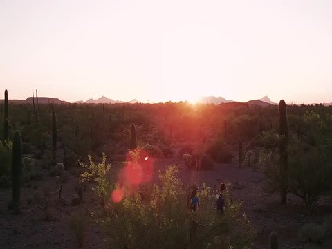 Slow Motion Shot of Desert Hikers at Sunset with Lens Flares
