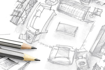 top view freehand sketch of living room with pencils