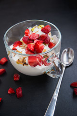 ice cream with fresh strawberries in a cup