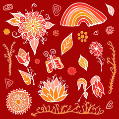 summer day elements set with flowers, rainbow and butterfly. sto