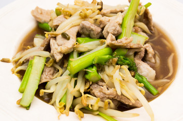 Pork fried bean sprouts and asparagus