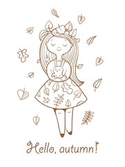 Postcard with cute cartoon  girl in  beautiful dress and bunny. Autumn season. Falling leaves. Children's illustration. Vector contour image no fill.