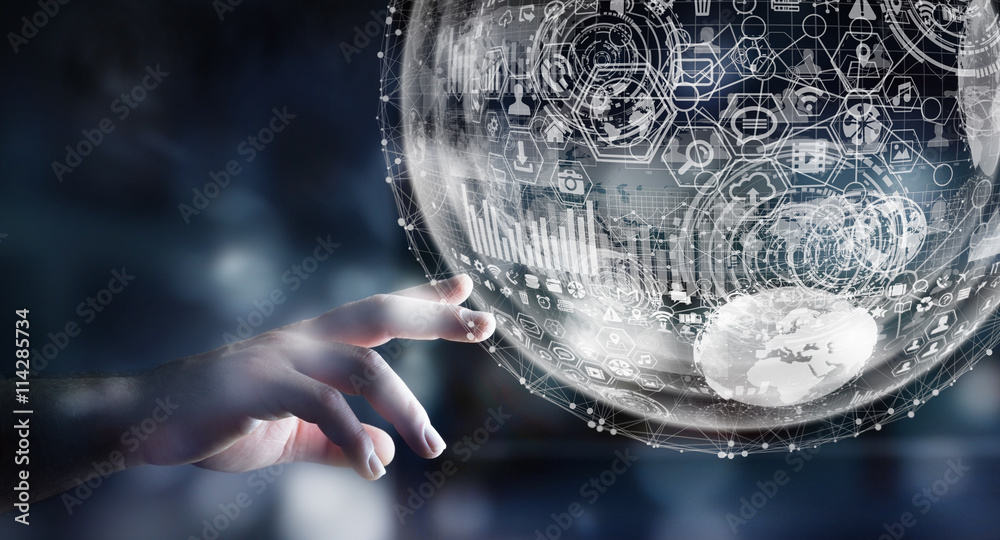 Poster businessman using digital graph interface