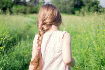 Little girl walks in the field 