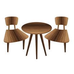 Table and two chair on a white background. Wooden Furniture. Table and stool.