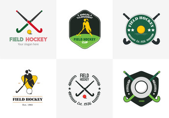 Field hockey logo set. Vector sport badges with woman silhouette, stick and hockey ball.