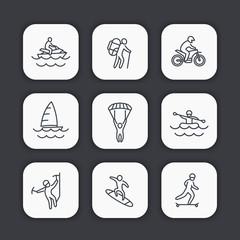 extreme outdoor activities line icons set, rafting, skydiving, alpinism, skateboarding, sailing, surfing, hiking, vector illustration