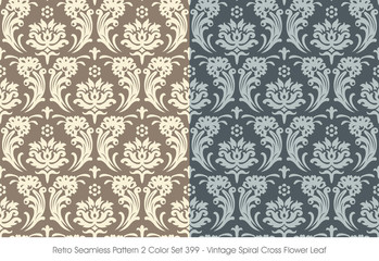 Retro Seamless Pattern 2 Color Set_399_Vintage Spiral Cross Flower Leaf