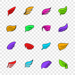 Wings icons set, pop-art style