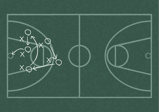 Realistic blackboard drawing a basketball game strategy.