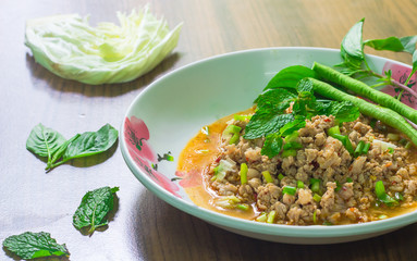 spicy minced pork salad, minced pork mash with spicy, Thai food ,local food