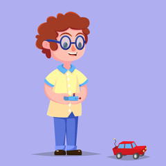 Cartoon Vector Illustration of Cute Boy with Remote Toy Car