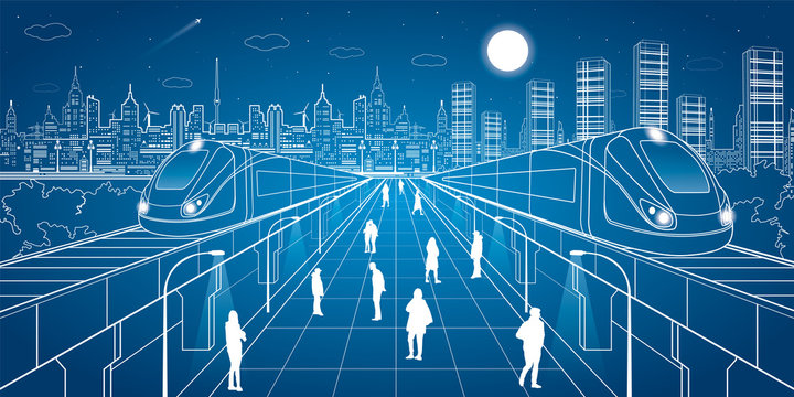 People walk on the square, two train move over bridges, night city in the background, business buildings, vector design art