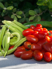 Tomato, cucumbers and okra. Still life.