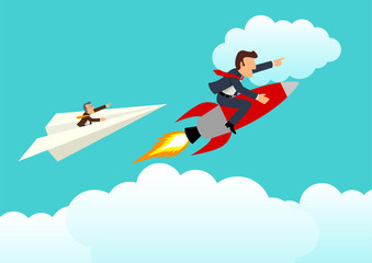 Younger businessman on a rocket racing with older businessman on paper plane