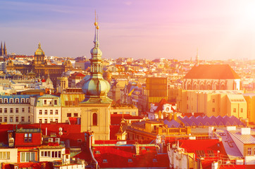 Obraz premium Red Prague roofs - view from the City Hall, travel european sunny background