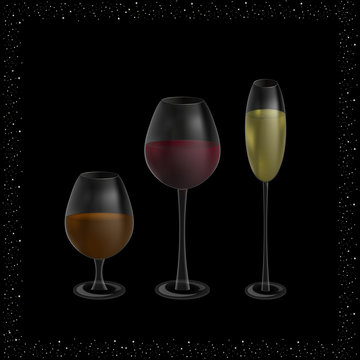 glasses with champagne, wine and whiskey on a black background