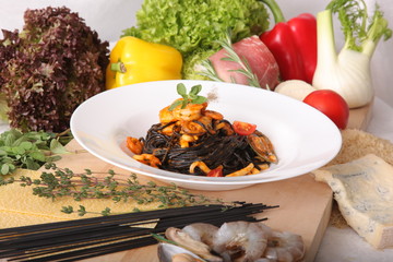 Black spaghetti with seafood