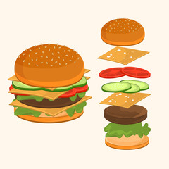 Fastfood. Hamburger ingredients vector illustration.