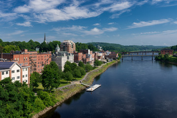 Downtown Augusta and the Kennebec River from the Memorial Bridge in Augusta, Maine - obrazy, fototapety, plakaty