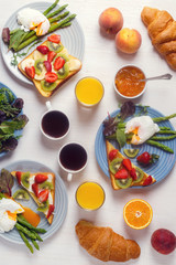 Table with breakfast, top view.