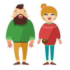 Vector fashion people, hipster boyfriend and girlfriend. Man and woman couple in flat design
