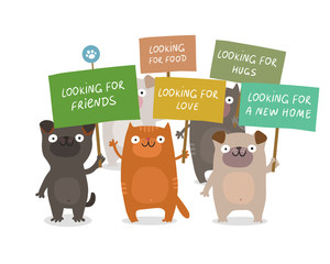 Dogs and cats manifesting and holding placards: Looking for a new home, friends, food, love, hugs. Animal rights protection concept. Vector colorful illustration isolated on white