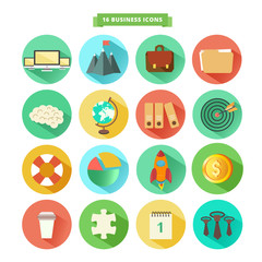 Business and office icons. Set of colorful vector illustrations on rounded backgrounds in flat design isolated on white