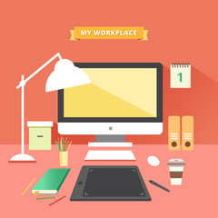 Office work place: desktop, graphic tablet, calendar, binders, pencils, coffee cup, lamp etc with ribbon for title or text. Freelancer work place concept. Flat design colorful vector illustration