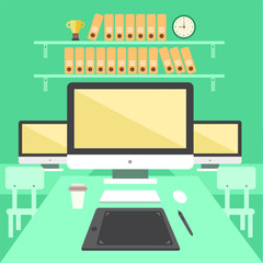 Office work place, computers with shelves on background. Open space interior. Flat design colorful vector illustration