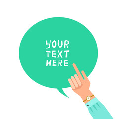 Hand with pointing finger and bubble for text. Consultant giving advice. Vector illustration isolated on white