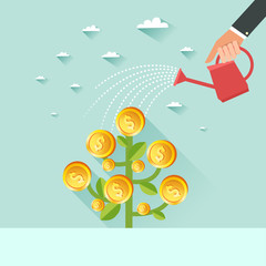 Business growth concept. Human hand with can watering money dollar coin tree. Vector colorful illustration in flat style