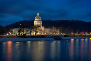 West Virginia State Capitol building on Kanawha Boulevard East from across the Kanawha River in...