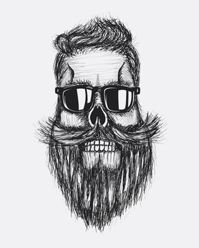 Hand draw retro grunge hipster skull, hair, mustashe and beard artwork