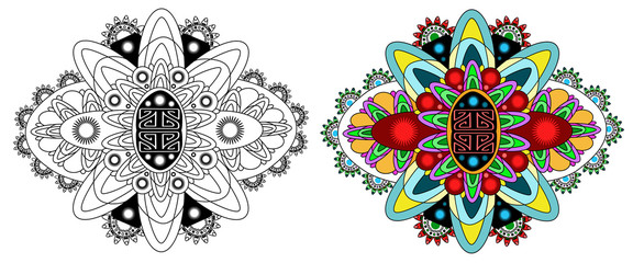 Vector Beautiful Deco Monochrome Contour Mandala, Patterned Design Element, Ethnic Amulet. Black and colored psychedelic mandala. Doodling style.