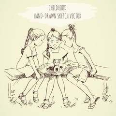 Little girls playing with kitten. Childhood. Sketch, drawn by hand.